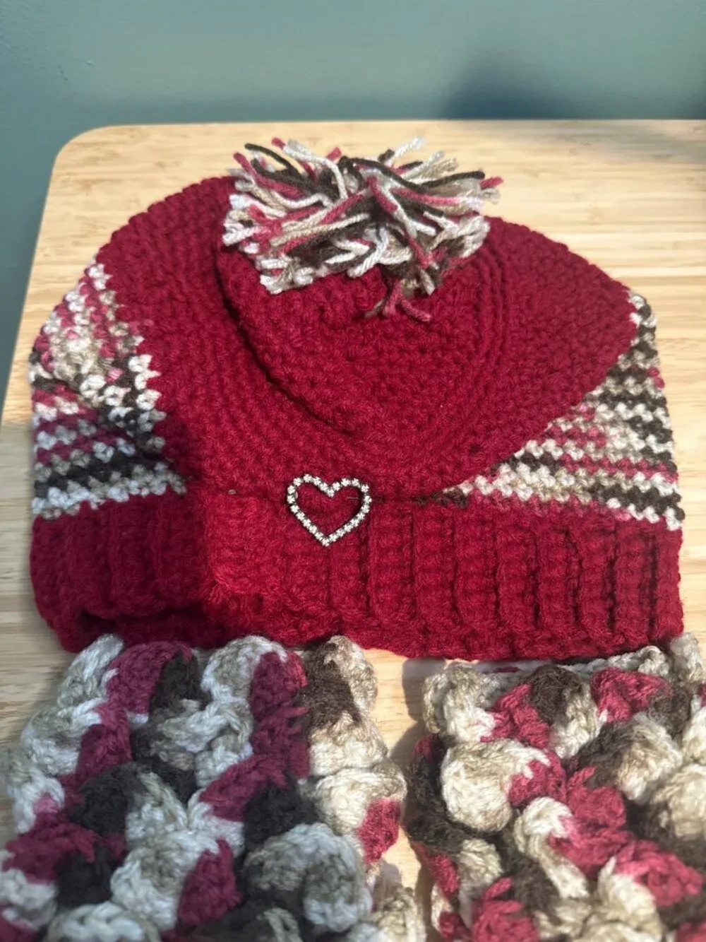Womens Knit Hat Scarf Set Red Heart Winter Matching Crochet Chunky